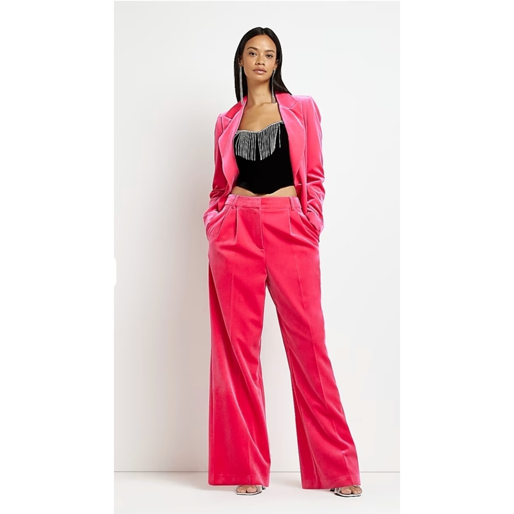 River Island Hot Pink Velvet Wide Leg Pants - Sz US 10